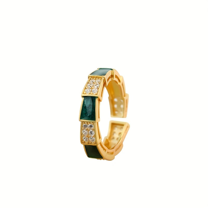 Copper Gold-Plated Ring with Green Synthetic Stone - Enhances Harmony & Prosperity  Minimalist Chic Jewelry