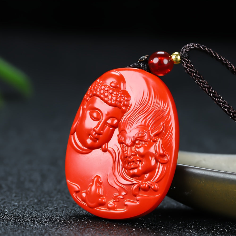 Red Cinnabar Buddha and Demon Pendant for Spiritual Protection, Karmic Balance, and Energy Cleansing