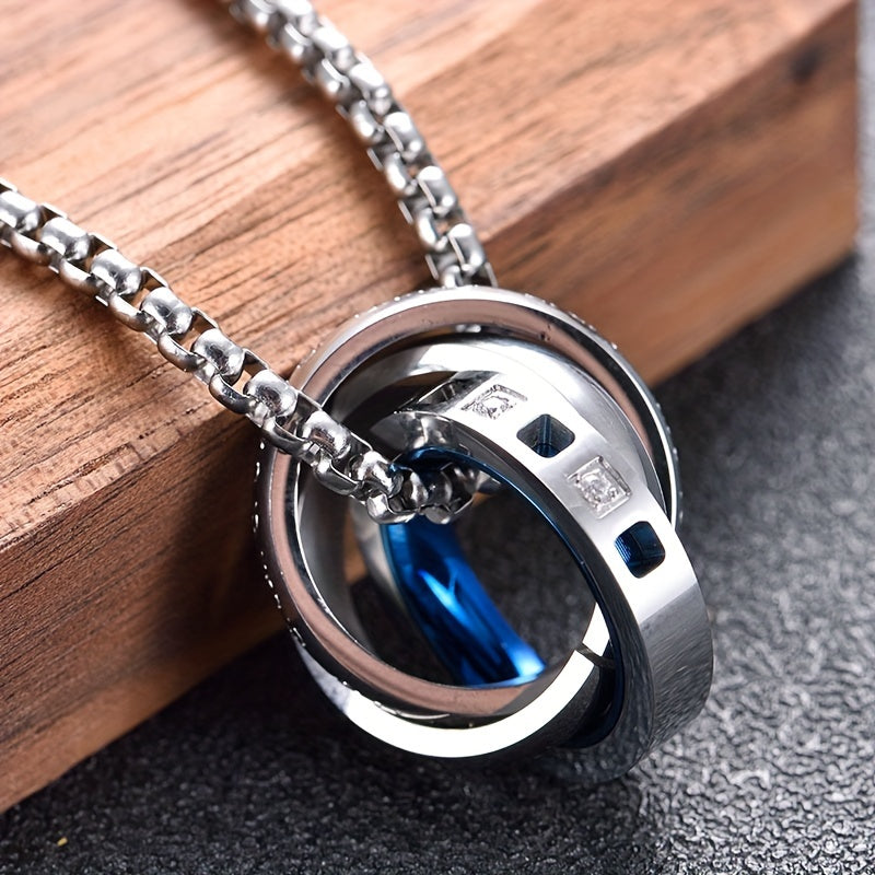 Alpaca 3-Ring Stainless Steel Pendant Necklace for Men: White Cubic Zirconia for Clarity & Protection