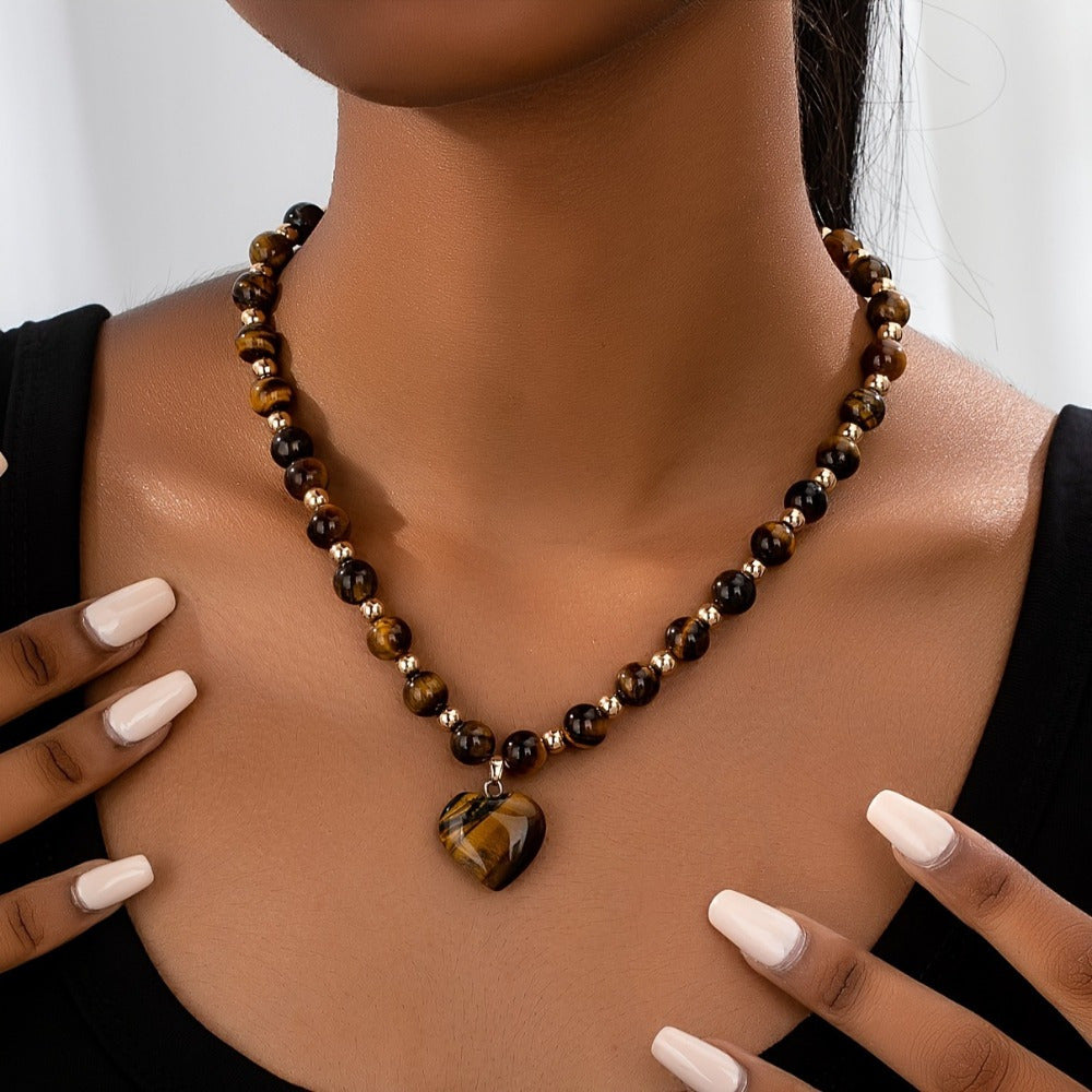 Spring/Summer Retro Maillard Clavicle Chain - Tiger Eye Stone & Golden Beads for Banquet Elegance & Spiritual Harmony