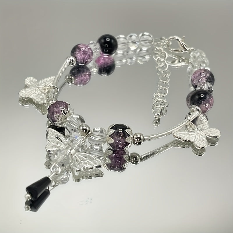 1pc Elegant Bohemian Bracelet - Pastel Blue Beads & Butterfly Charm for Harmony & Serenity