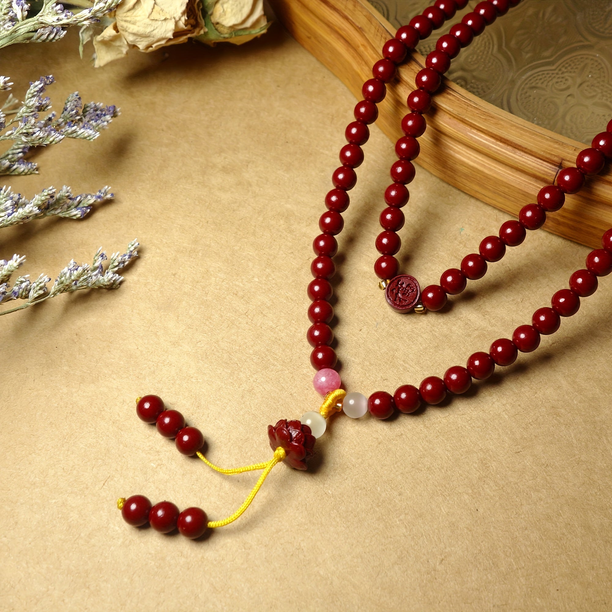 Cinnabar Stone Multi-Layer Bracelet with Lotus Charm Pendant Traditional Chinese Jewelry