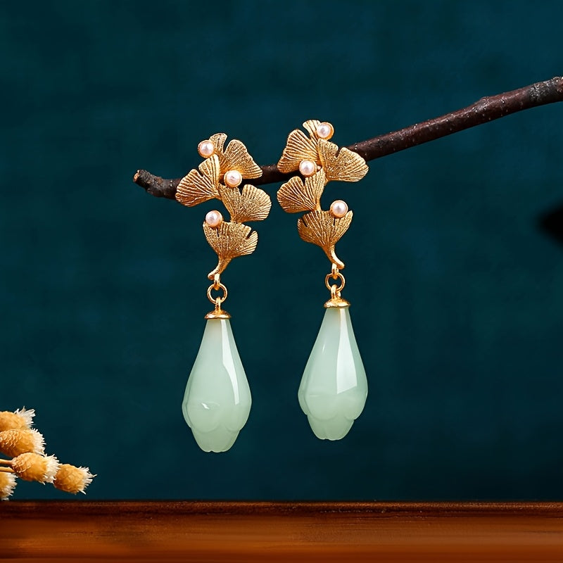 Gold-plated Ginkgo Leaf Dangle Earrings with Pearl & Imitation Jade - Harmony & Prosperity Energy for Daily Wear