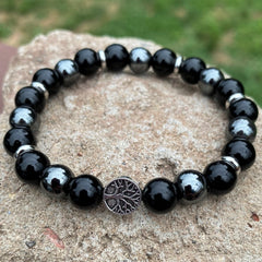 Men's & Women's Fashion Bracelet - Natural Stone Obsidian & Hematite with Tree Pendant for Energy Balance