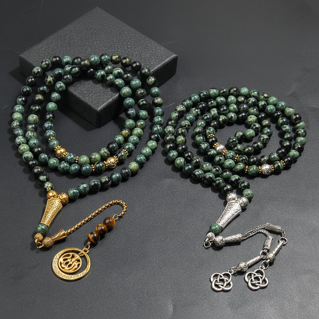 Natural Blue-Green Agate Tasbih with Golden Accents - Islamic Prayer Beads for Men - Spiritual Energy & Focus