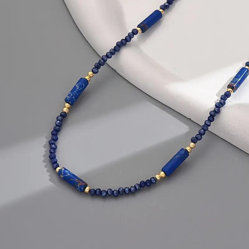 New Retro Luxury Bohemian Beach Resort Necklace - Smooth Blue Cylindrical Stone Beads with Metal Tail Chain for Mother's Day Gift