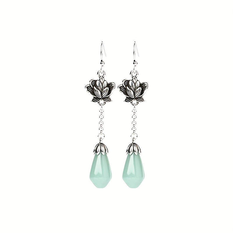 Elegant Lotus Flower Earrings - Silver Tone with Light Green Teardrop for Harmonious Energy