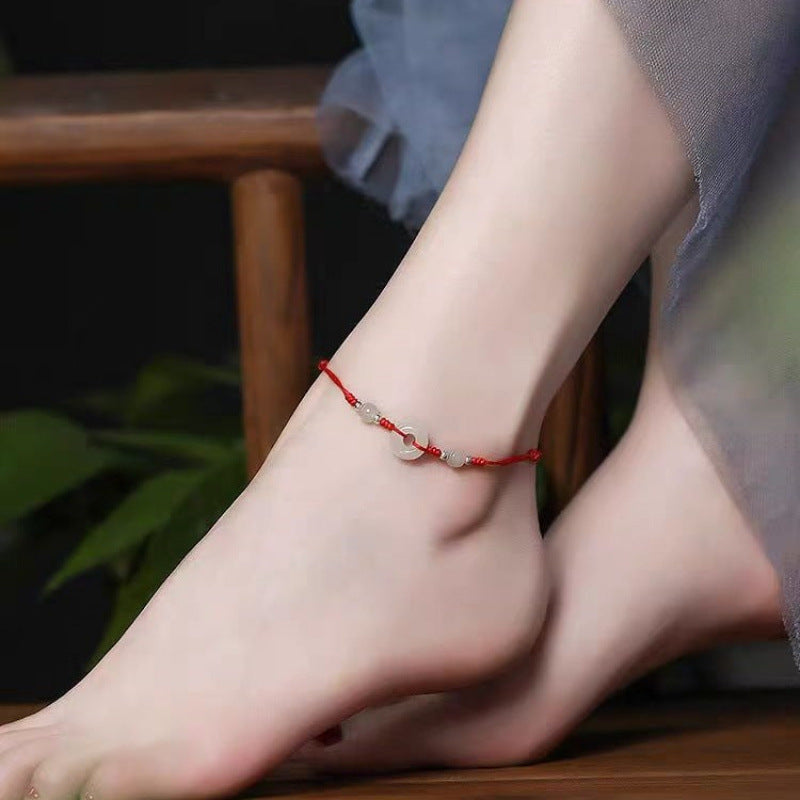 Hand-Woven Red Rope Ankle Chain with Imitation Jade Beads - Retro Resin Ankle Bracelet for Happiness & Good Luck, Casual Everyday Symbolic Accessory