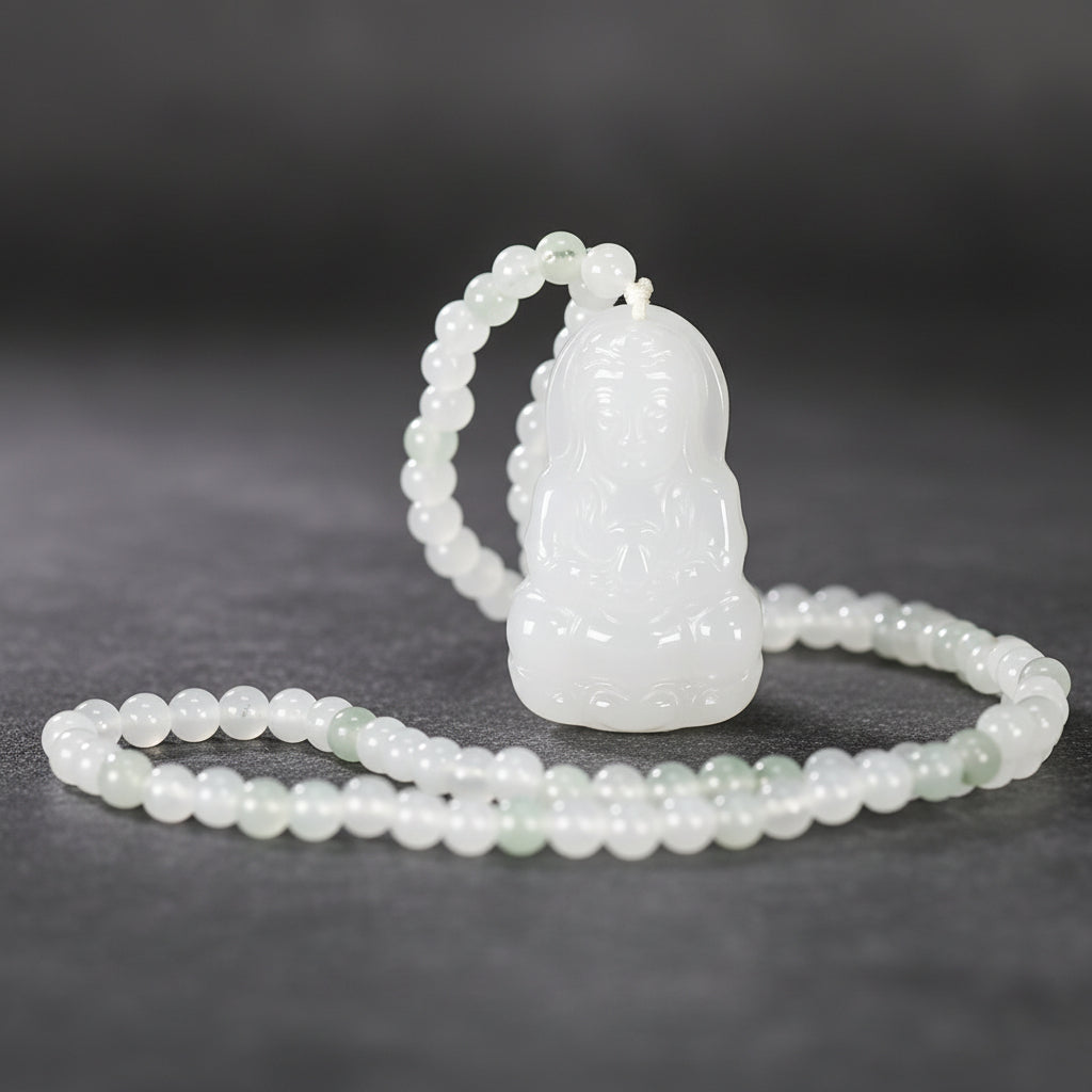 Floral Guanyin Peace Sign Pendant - Compassion & Protection Stone Necklace with Natural Patterns