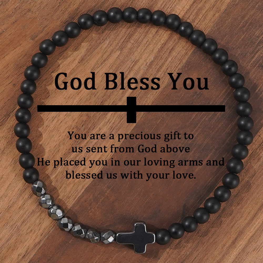 Vintage Boho Natural Stone Cross Bracelet - Handcrafted with Black & White Stones for Spiritual Balance & Daily Wear