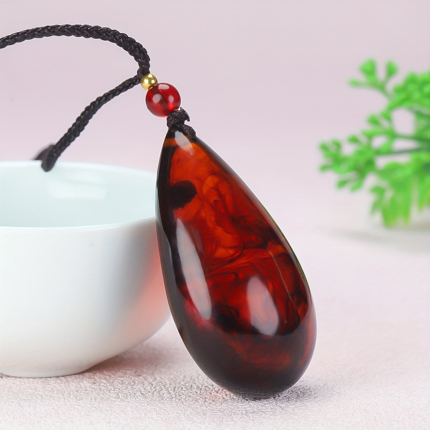 Vintage Amber Teardrop Pendant Necklace - Natural Bloodstone for Energy & Protection | Spiritual Jewelry with Ancient Wisdom