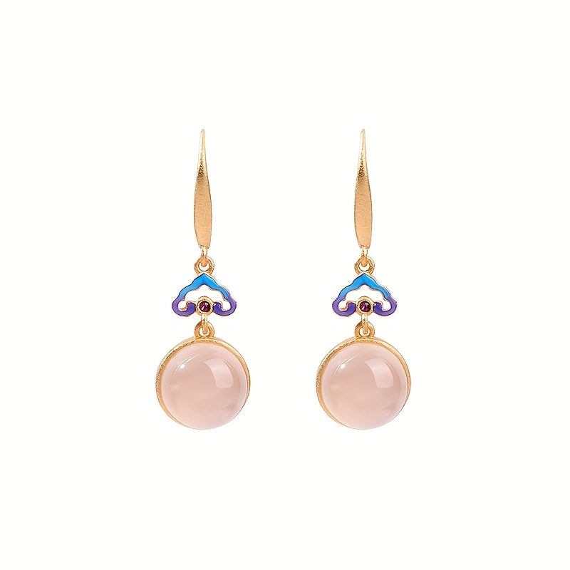 Vintage Chinese 24K Golden Plated Pink Glass Dangle Earrings for Harmony Energy