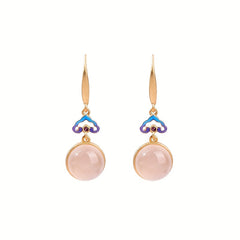 Vintage Chinese 24K Golden Plated Pink Glass Dangle Earrings for Harmony Energy