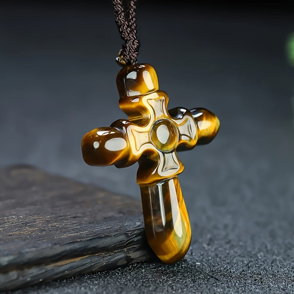 Natural Tiger Eye Cross Pendant - Bohemian Unisex Jewelry with Grounding Energy & Protective Powers