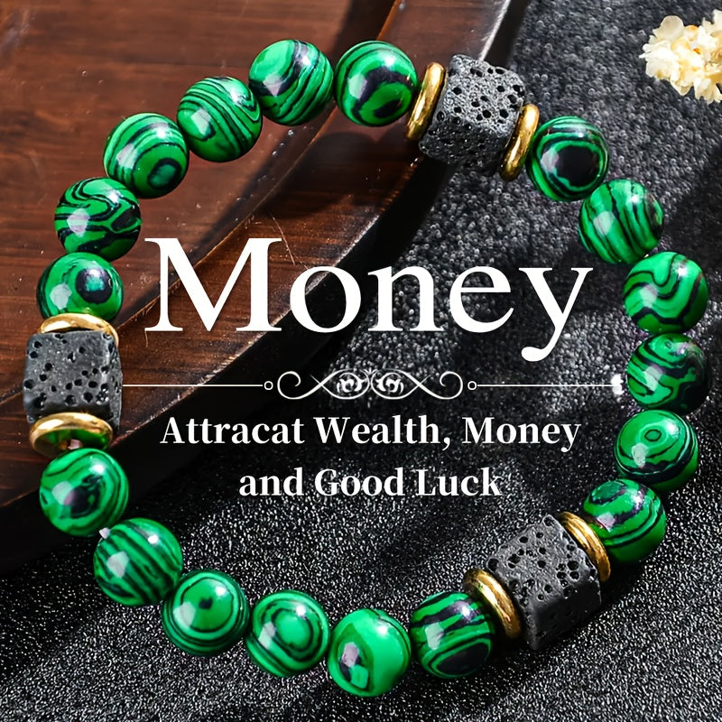 Men's Natural Stone Bead Bracelet — Wealth Attracting Green Malachite & Volcanic Stone Energy Jewelry