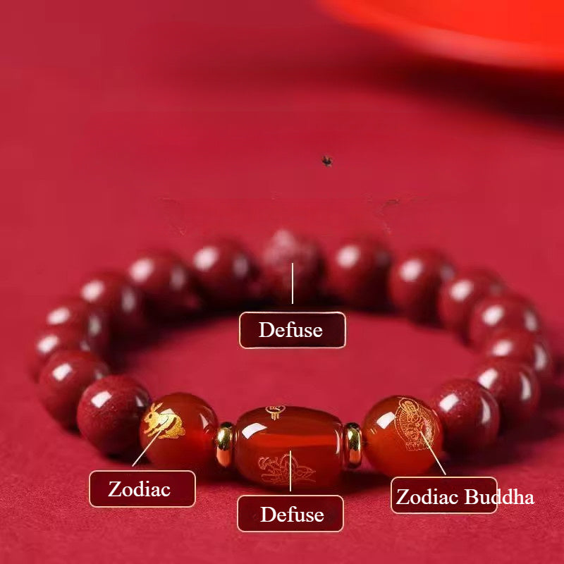 Zodiac Bracelet with Cinnabar Beads & Golden Charms - Traditional Chinese Energy Protection & Wealth Attraction