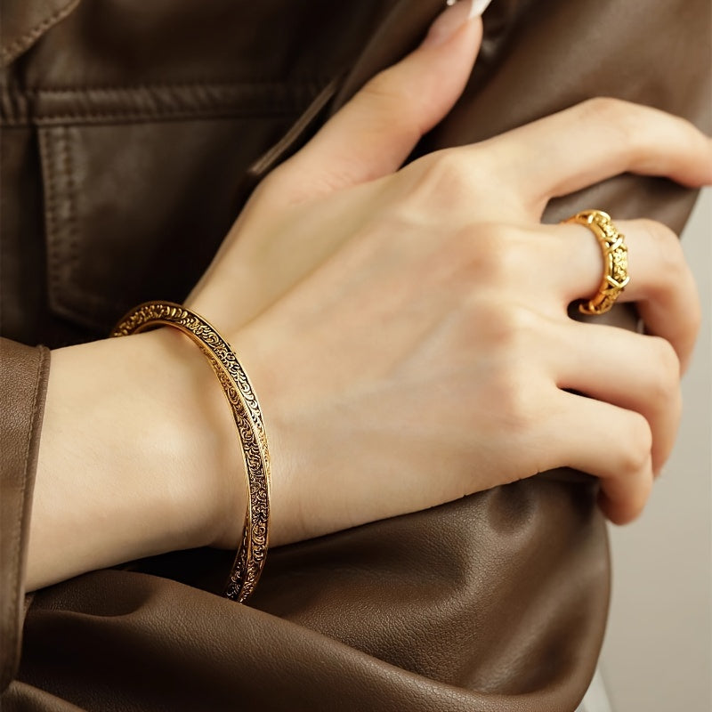Vintage Chinese Floral Copper Cuff — Energy Balancing & Protective Talisman Bracelet