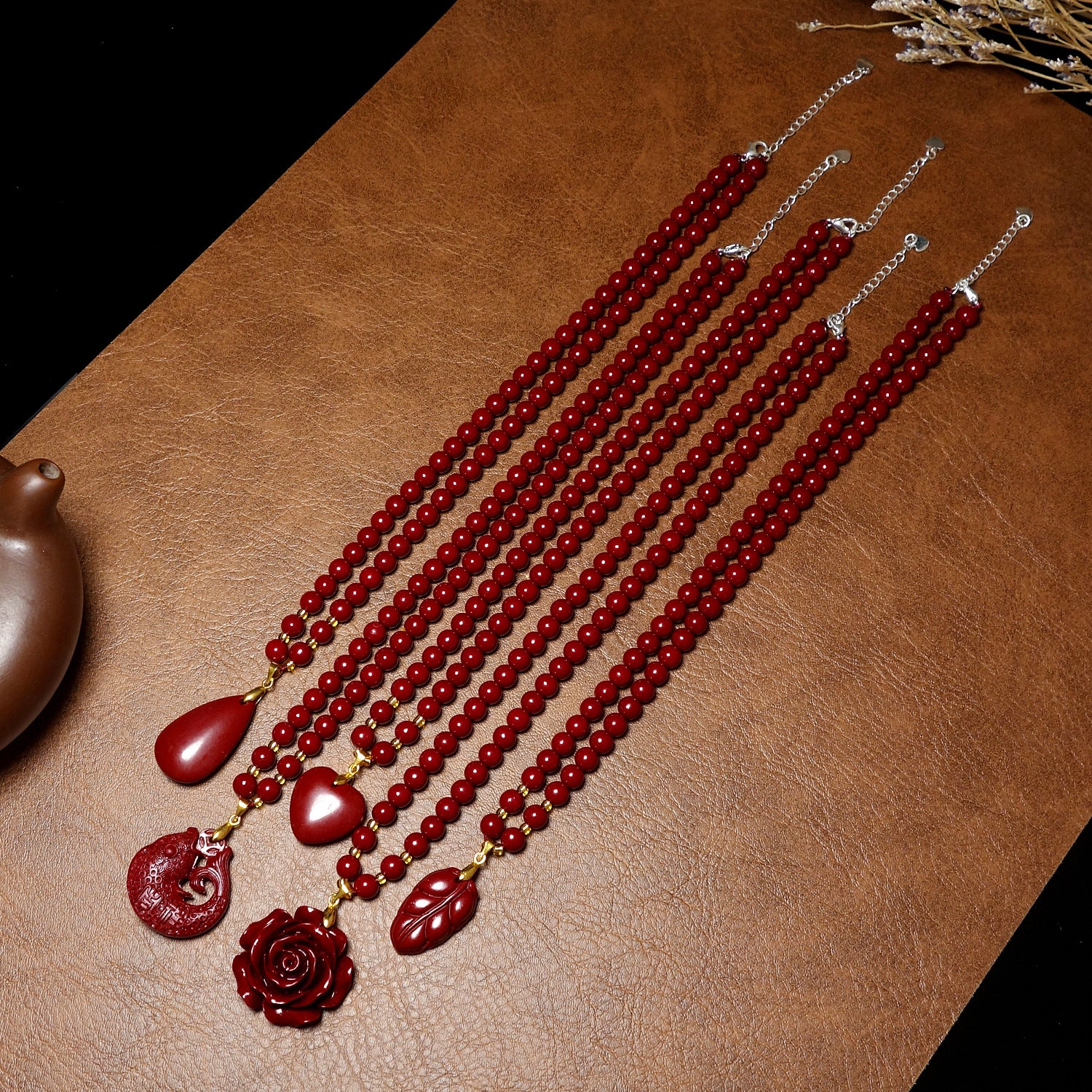 Cinnabar Water Drop Flower Tree Leaf Spirit Fish Pendant Necklace – Vintage Classic Ethnic Style for Everyday & Vacation