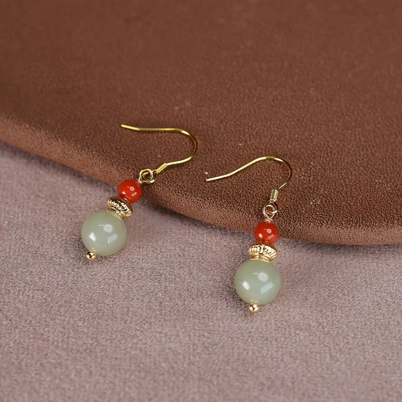 Natural South Red Agate Earrings - Vintage Dangle Design with Green-Red Stone for Energy Balance & Daily Elegance