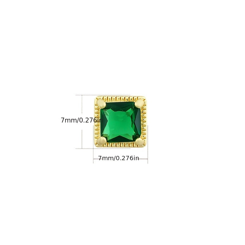 Gold-Plated Square Green Synthetic Stone Stud Earrings - Minimalist Design with Healing Energy