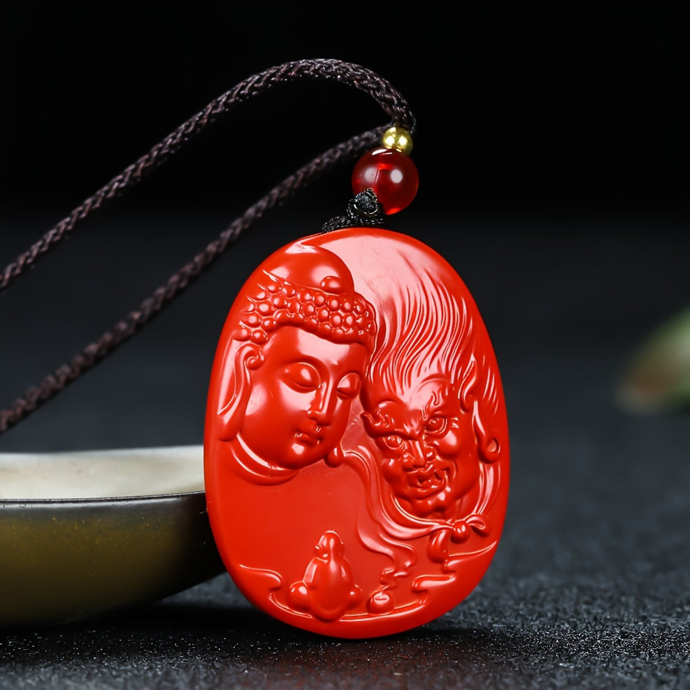 Red Cinnabar Buddha and Demon Pendant for Spiritual Protection, Karmic Balance, and Energy Cleansing