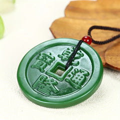 Imitation Jade Antique Coins Pendant Necklace - Emerald Green Prosperity Talisman for Men