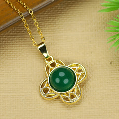 Emperor Green Agate Flower Pendant for Men | Gold Tone Lucky Clover Necklace for Prosperity