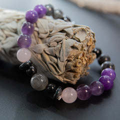 Real Natural Amethyst, Gray-black Flash Stone, 8mm Natural Stone Round Beads, Beautiful and Exquisite Design, Loose Beads Combination, Elastic Line Can Be Adjusted for Comfortable Wearing