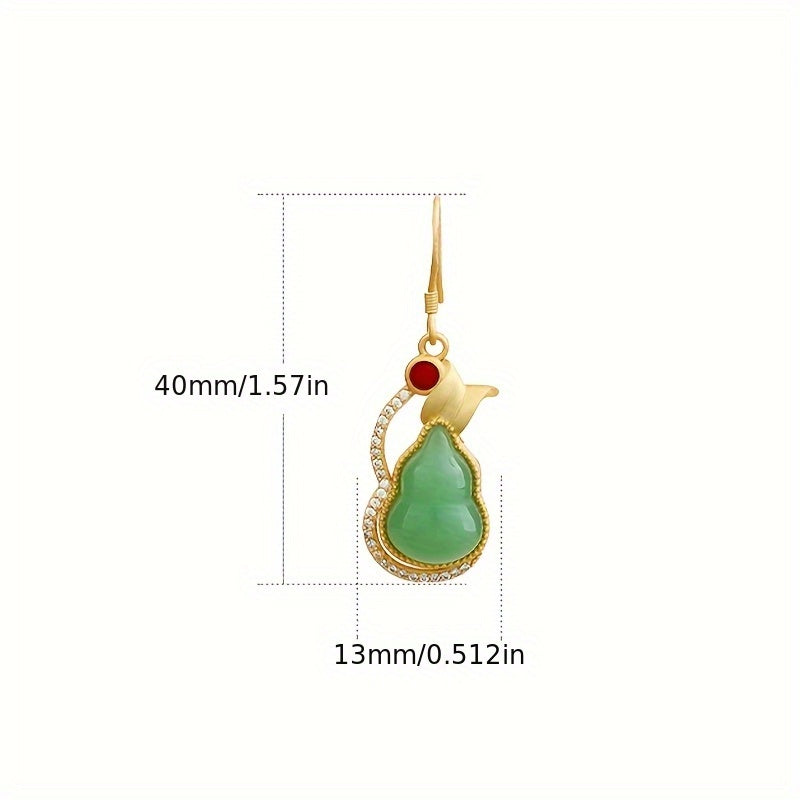 Golden Gourd-Shaped Earrings with Green Stone - Harmonious Energy for Special Occasions