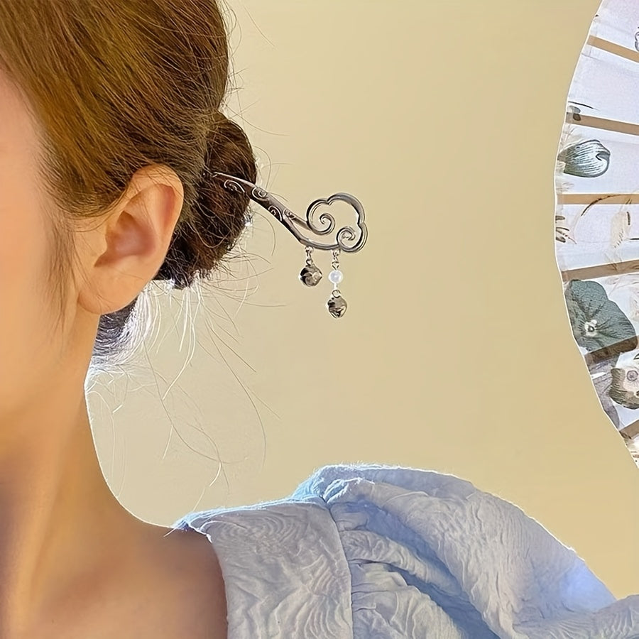Ancient Style Hairpin with Cloud Design - Silver Metal Hair Accessory for Ethnic Hairstyles - Mindful Energy Flow & Spiritual Symbolism