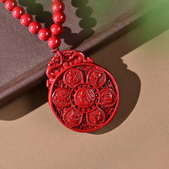 Men's Cinnabar Necklace with Eight Treasures Lotus Pendant for Protection, Luck & Spiritual Balance