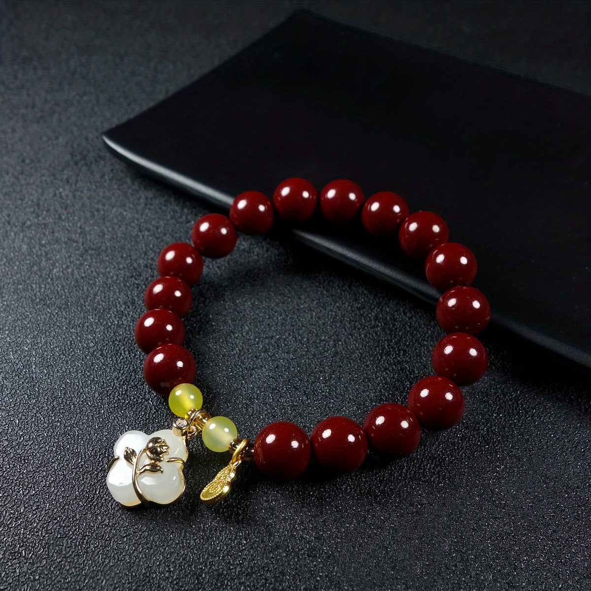 Cinnabar Bracelet with Four-Leaf Flower for Luck, Protection, and Positive Energy