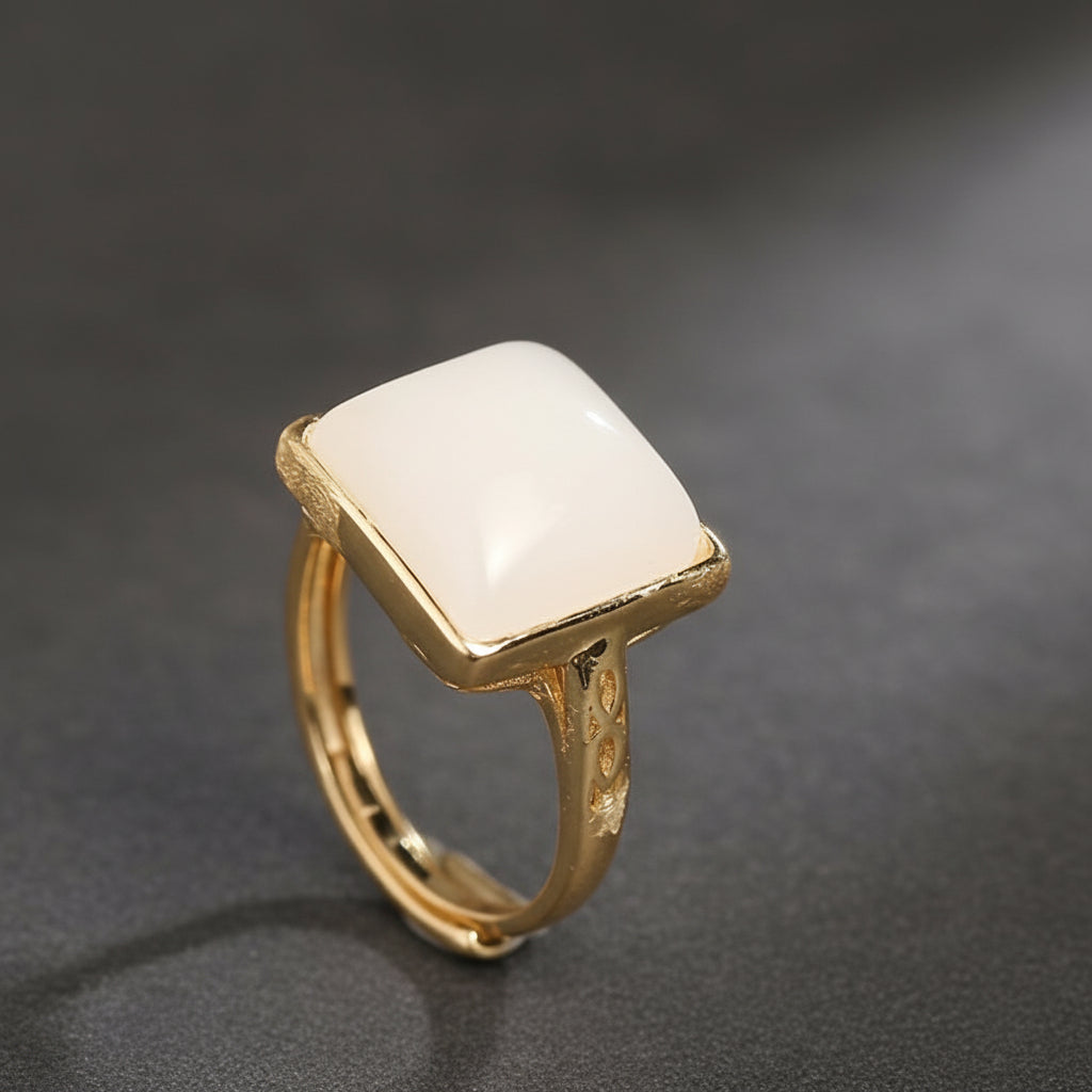Vintage White Opalite Ring | Gold Tone Adjustable Statement Ring for Intuition, Clarity, and Elegant Style