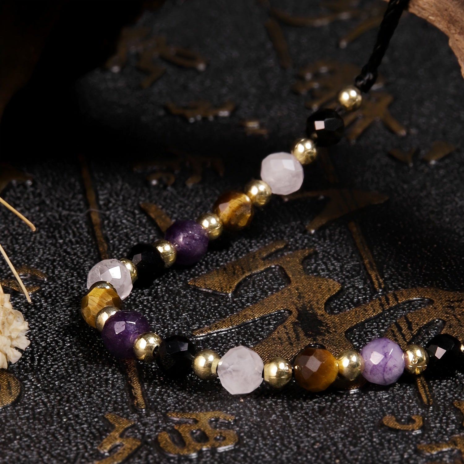 1pc Natural Stone Beaded Bracelet - Purple, Clear Quartz, Golden Tiger Eye & Black Obsidian for Energy Balance & Spiritual Protection