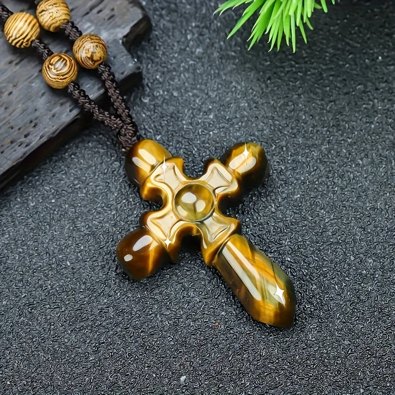Natural Tiger Eye Cross Pendant - Bohemian Unisex Jewelry with Grounding Energy & Protective Powers