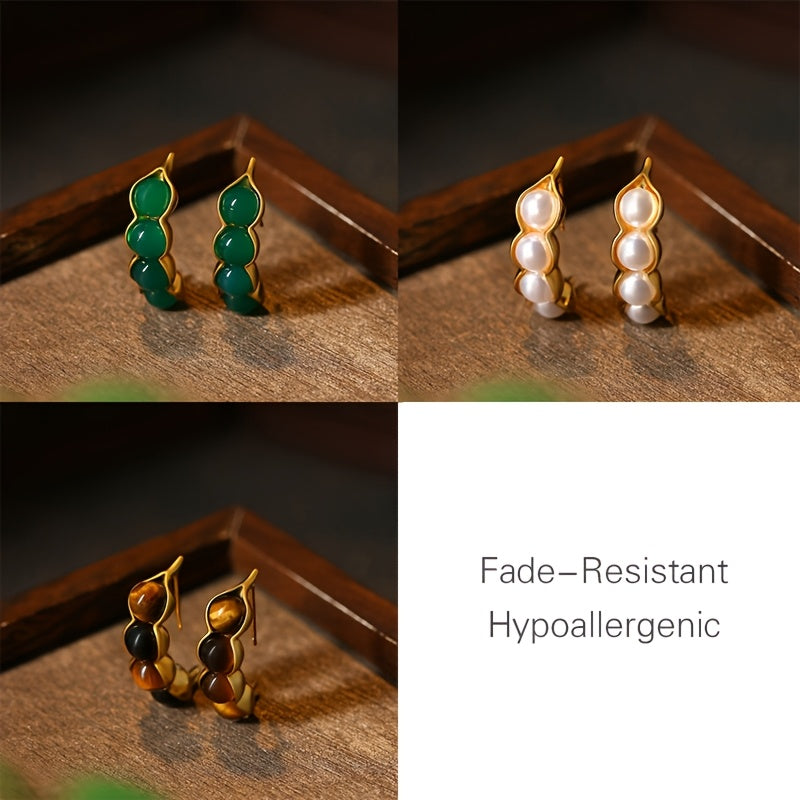 Natural Tiger Eye & Imitation Jade Earrings - Abstract Leaf Design with Healing Energy
