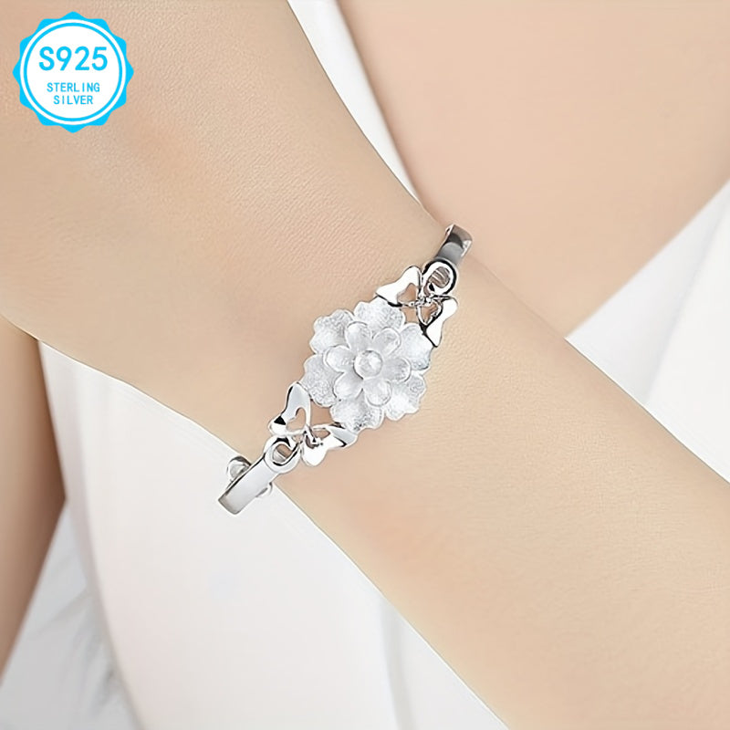 Retro Silver Flower Bracelet — 925 Sterling Silver Elegant Bloom for Heart Chakra Harmony