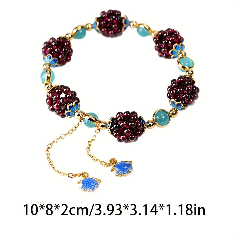 Natural Garnet Woven Ball Bracelet — Vitality & Passion Energy Charm with Hollow Fish Design