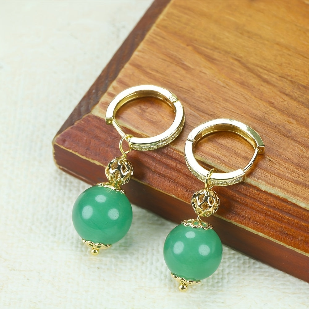 Natural Apple Green Peace Bead Earrings for Harmony Energy Balance Retro Gold Hoop Jewelry