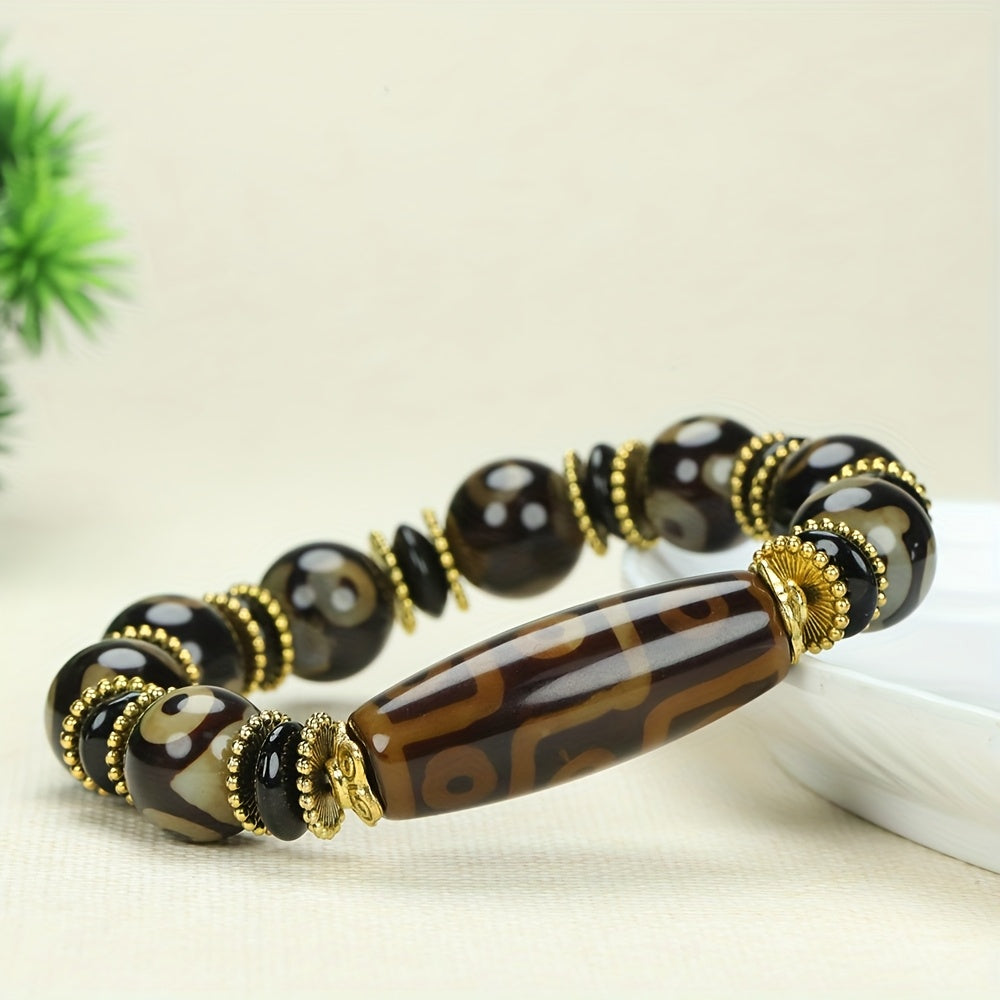 Three-Eyed Dzi Agate Bracelet for Spiritual Protection, Grounding, and Prosperity