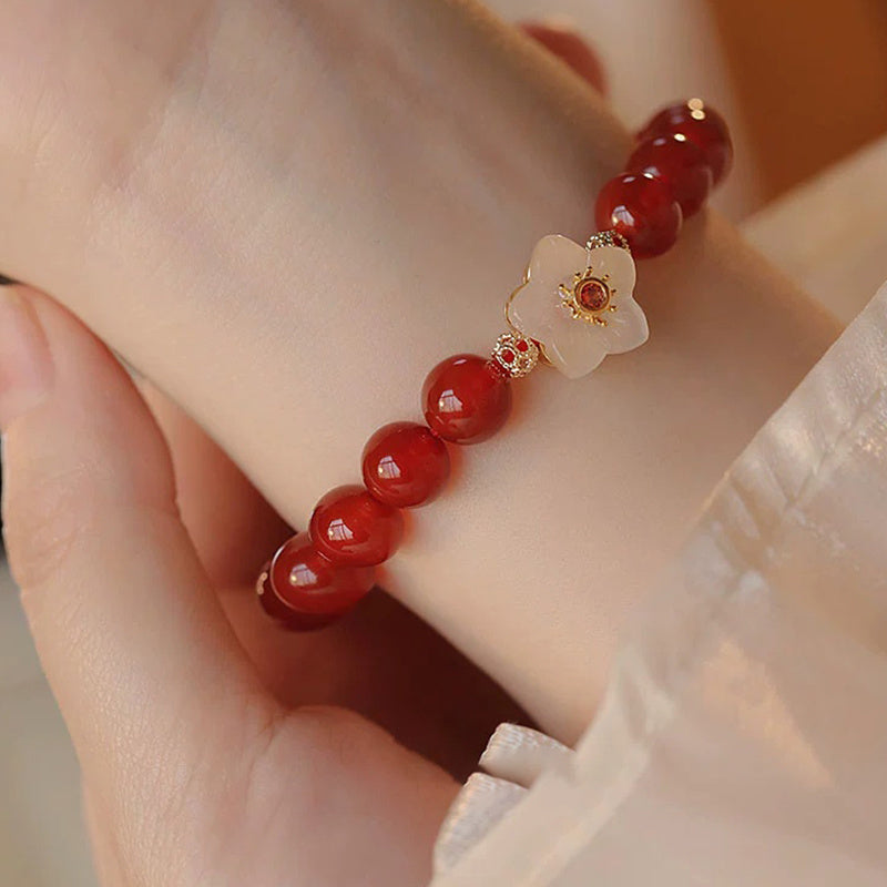 Men's & Women's Red Natural Stone Beaded Flower Bracelet - Christmas Gift for Harmony & Energy