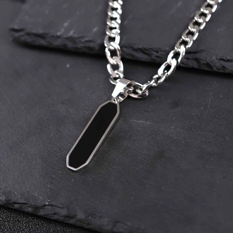 Men's Stainless Steel Cuban Chain Necklace with Black Geometric Pendant - Modern Energy & Versatile Style for Casual & Party Wear