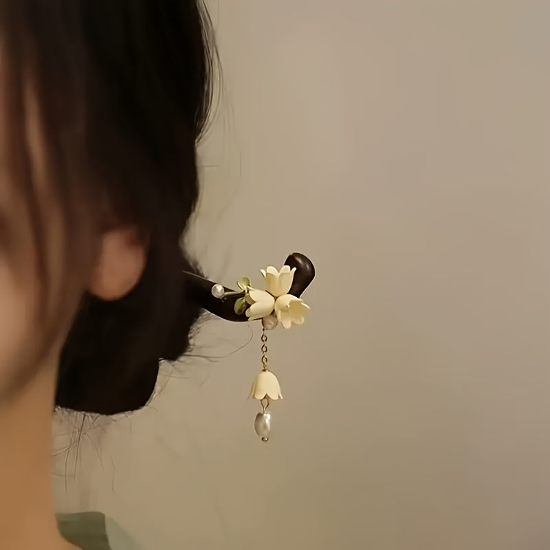 [2pcs Retro Wooden Hair Clip] 2pcs Retro Wooden Lily Of The Valley Hair Clip - Suitable for Traditional Chinese Clothing And Elegant Hair Bun