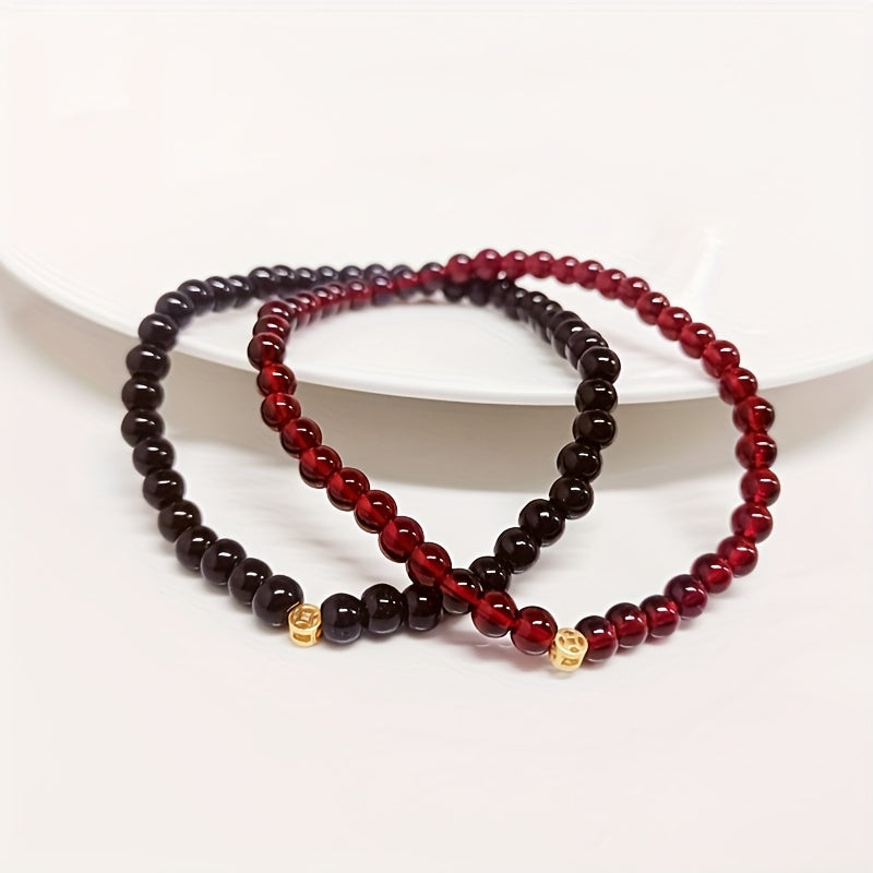 Red Garnet & Black Obsidian Bracelet Set - Lucky Coin Pendant for Couples & Daily Wear