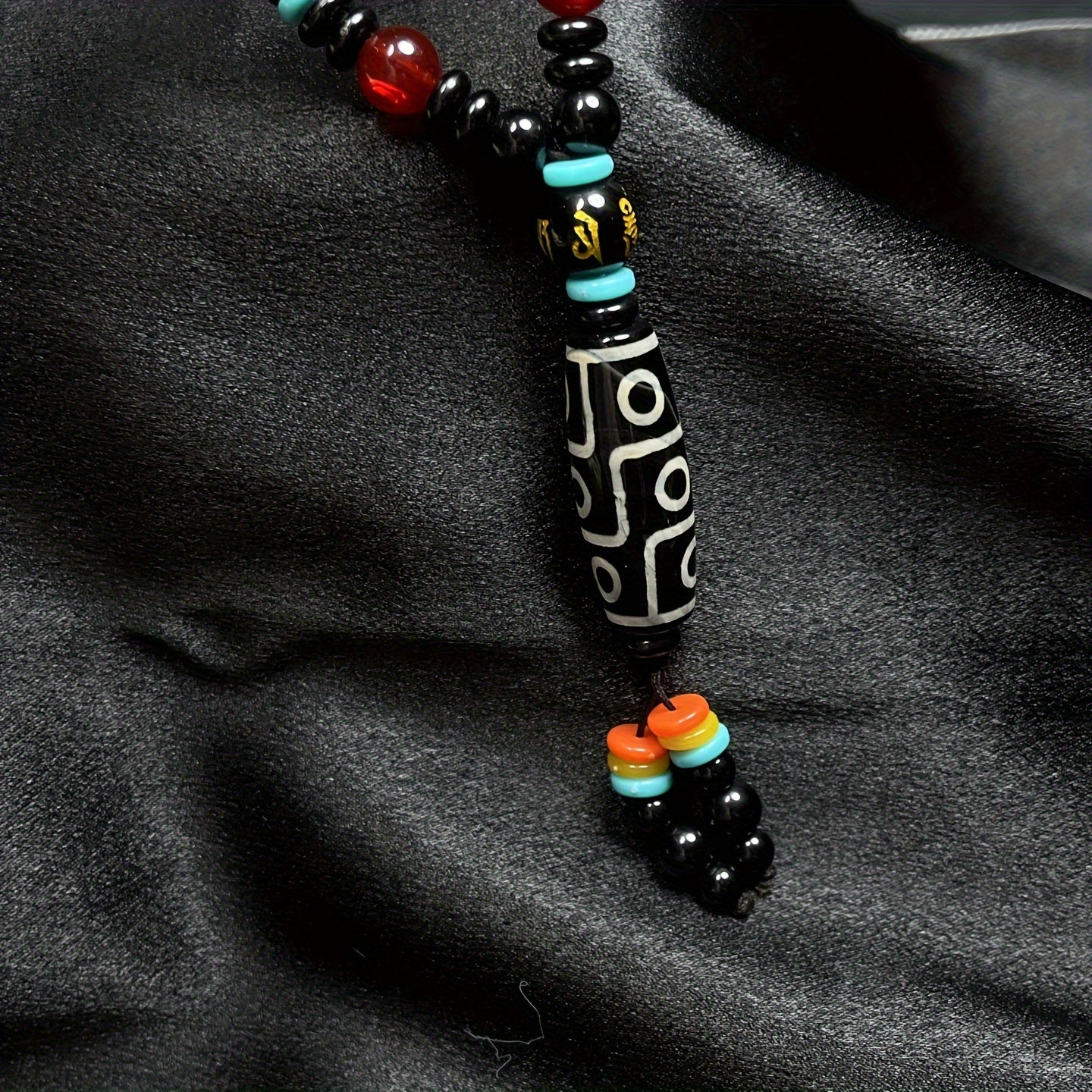 Ethnic Agate Dzi Bead Necklace — Grounding Protection, Vitality & Good Fortune Energy Talisman (Unisex, Tassel Charm)