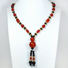 Bohemian Agate Necklace with Red Black Beads Golden Accents Red Spherical Pendant