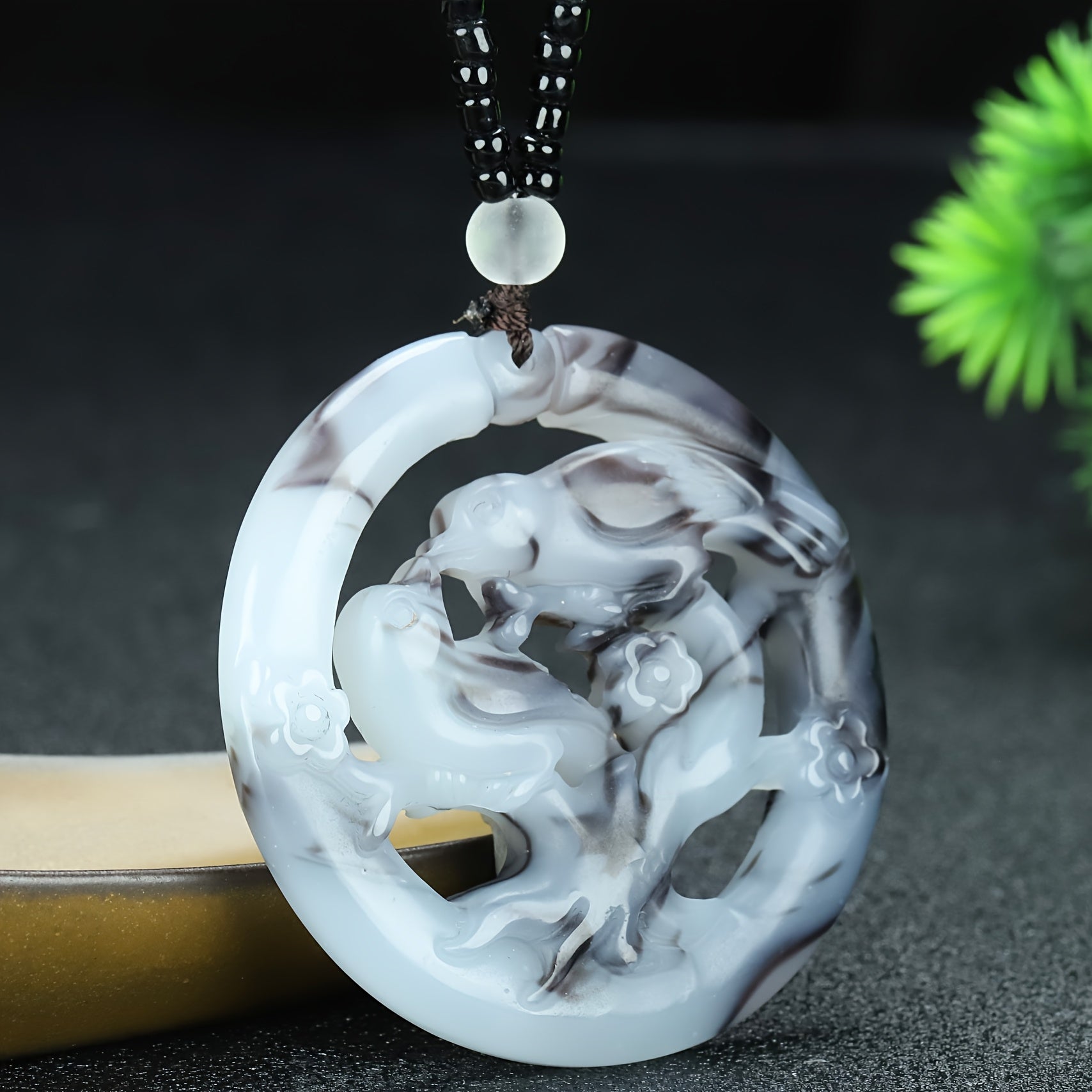 Natural Agate Magpie & Plum Blossom Pendant for Joy, Good Fortune, and Resilience