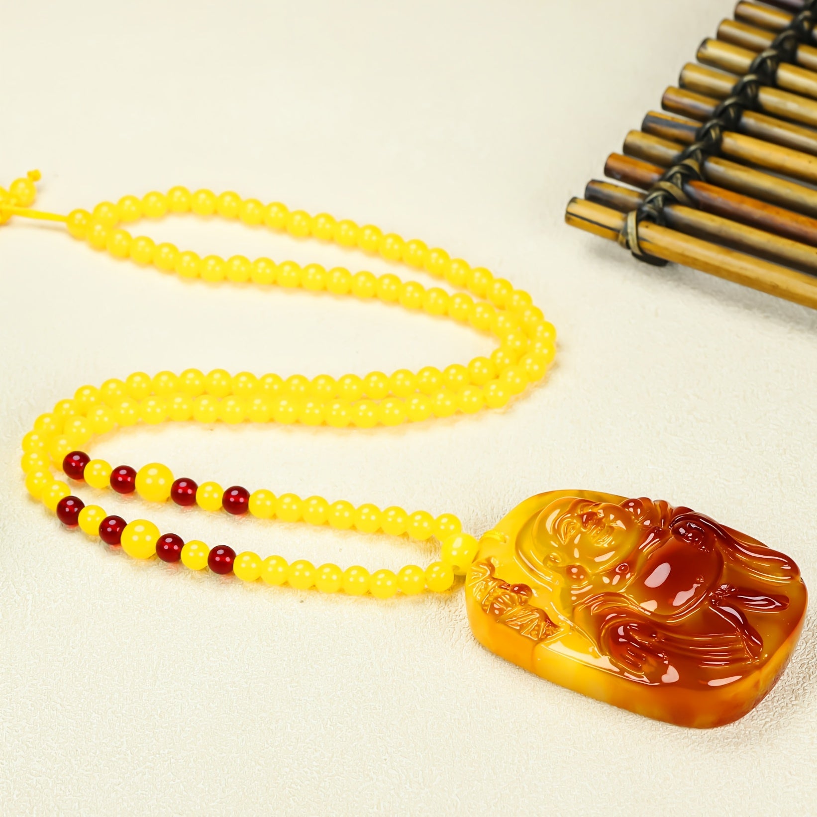 Elegant Vintage-Style Amber Character Pendant Necklace Handcrafted with Warmth & Spiritual Grounding for Meditation & Sweater Chains