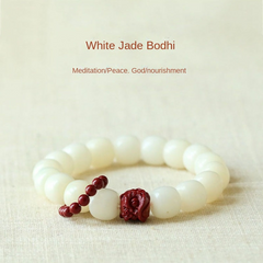 White Jade Bodhi Bead Bracelet with Red Buddha Charm — Serenity, Grounding & Spiritual Nourishment Energy