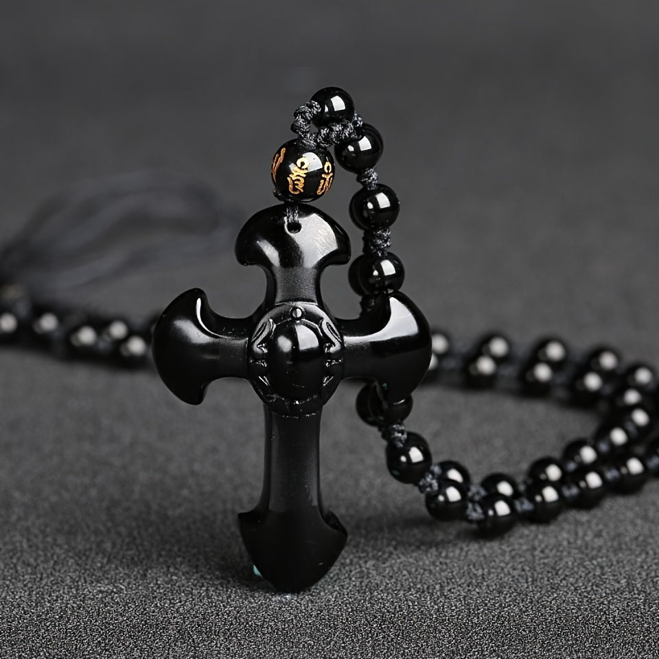 Obsidian Beaded Chain Necklace — Protective Black Cross Pendant for Spiritual Harmony